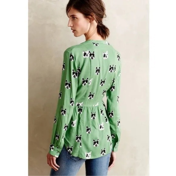 Anthropologie Green Dog Print Blouse - Picture 2 of 5